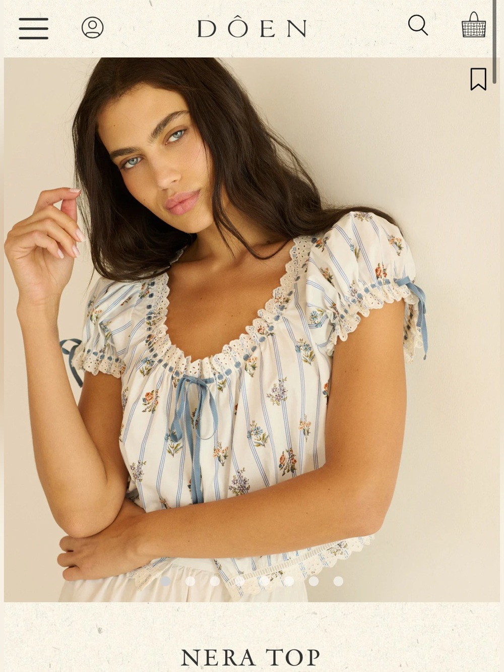 Doen Nera Top in Cream with Blue Stripes and Floral Print